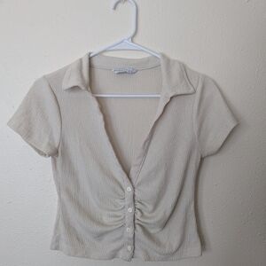 stradivarius Cream Short Sleeve Ruched Button-Front Top